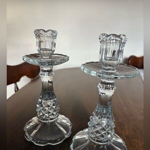 Classic Vintage Candle Holders- Pair-Tempered Molded Glass w Beautiful Design-